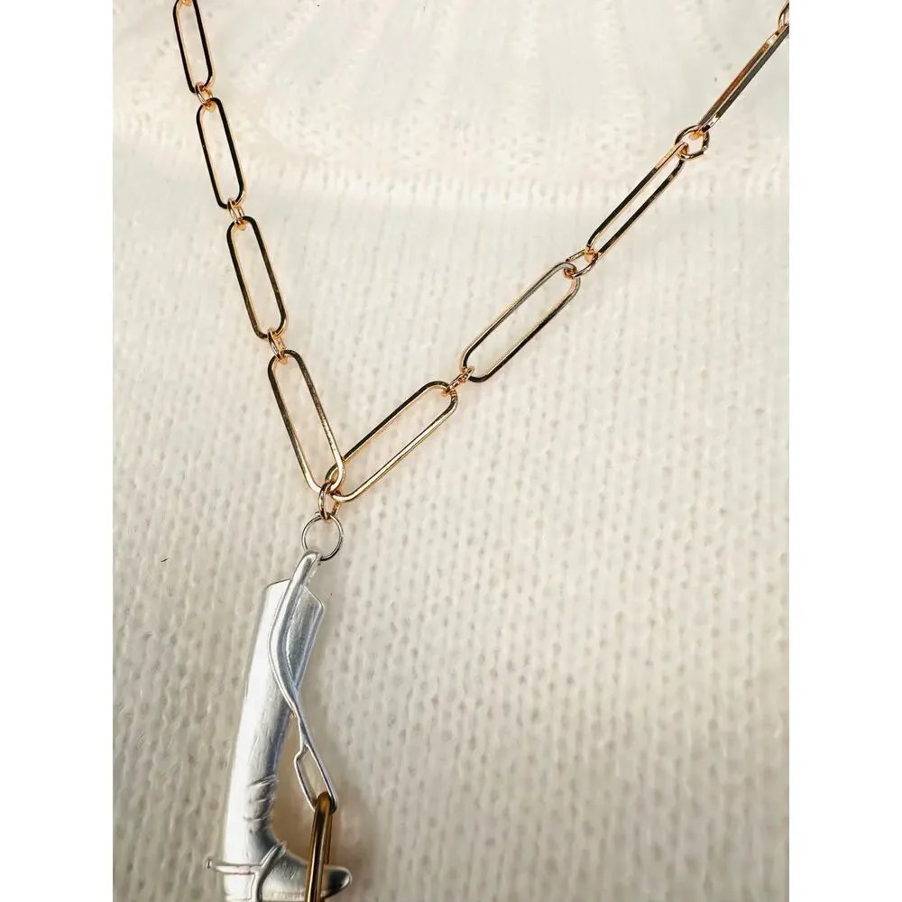 Silver and gold 22”(adjustable) equestrian boot and stirrup pendant